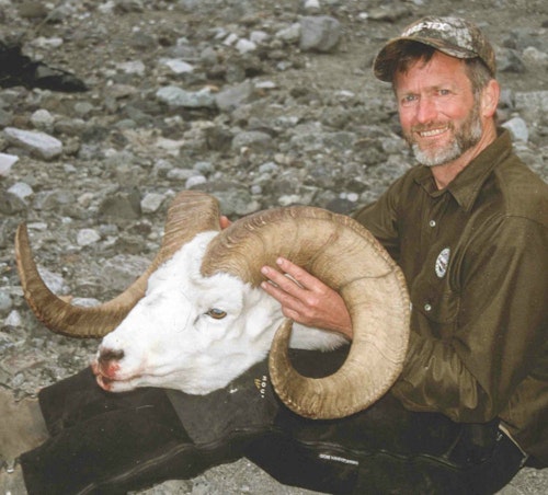My biggest ram ever, taken on the glacier backpack trip. He measured 42 inches on one side, 39.5 inches on the other, with 14.5-inch bases.