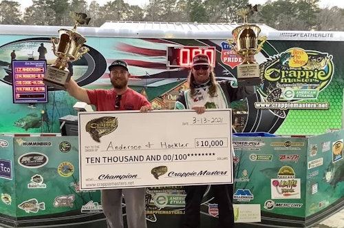 Dillon Hackler (left) and Zeke Anderson celebrate their narrow victory at the 2021 Crappie Masters Grenada Lake event. Below is their reaction after seeing their second day weight of 21.51 pounds for seven fish.