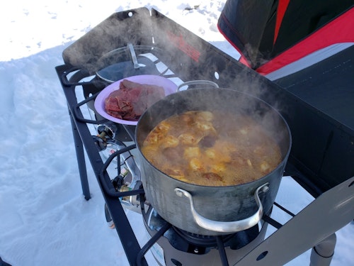 Mushrooms, dumplings, potatoes and noodles get to soak in the soup while ingredients like meat and tofu cook quickly and only require a short dip. Photo: Mike Schoblaska