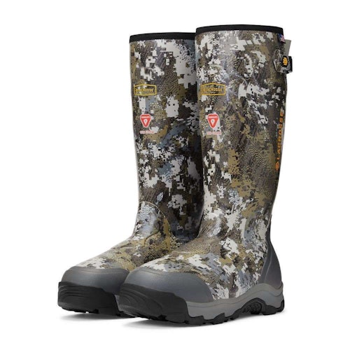The 100% waterproof LaCrosse Alpha Evolution, which also has 1,600 grams of PrimaLoft Gold Insulation, is an outstanding choice for whitetail hunters who must stay warm for many hours in a treestand. The camo pattern is Gore Optifade Elevated II, which is specifically designed for treestand hunters.