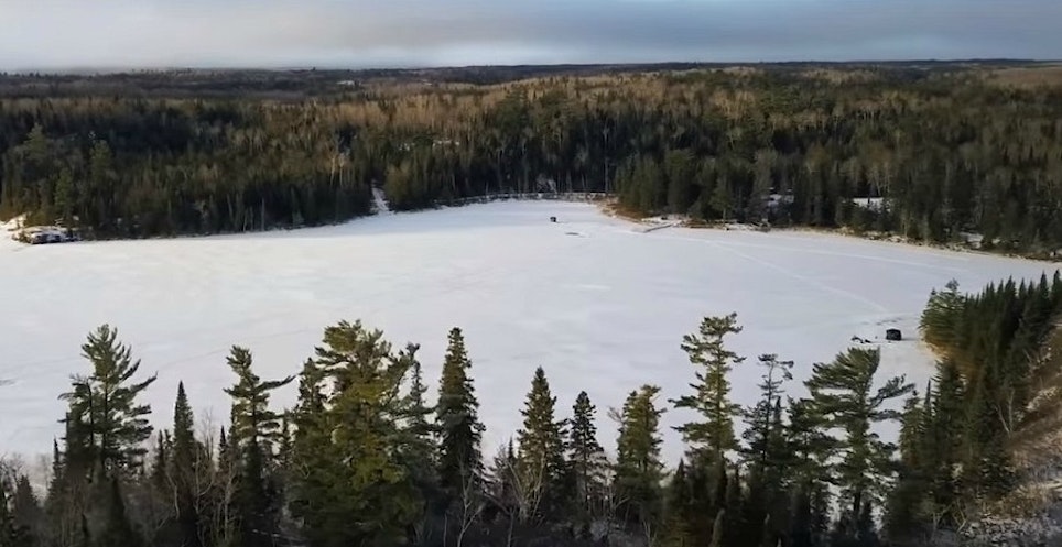 Lyons Lake in eastern Manitoba is known for producing beautiful trout during the open- and hard-water seasons. Can you find Jay Siemens’ ice fishing shelter in this photo?