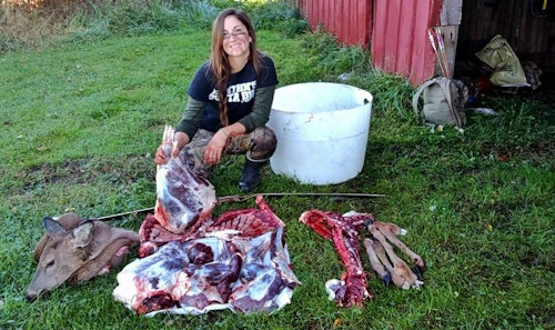 Beka's FB caption: Make use of everything you can. In this photo, I see steaks, roast, burgers, appetizers, ribs, deer chili, a skull mount and a doe skin vest.