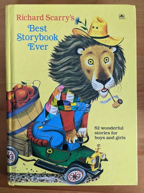 “Richard Scarry’s Best Story Book Ever” measures 7 1/4 x 10 1/8 inches, and is available in both hardcover and softcover. Check before buying to ensure it contains the “Pierre Bear” story.