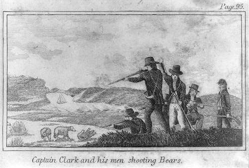 CREDIT: "Captain Clark and his men shooting bears." in Patrick Gass, A Journal of the Voyages and Travels of a Corps of Discovery, Under the Command of Capt. Lewis and Capt. Clarke. . . . Philadelphia: Matthew Carey, 1812. Prints and Photographs Division of the Library of Congress. Reproduction Number: LC-USZ62-19233 