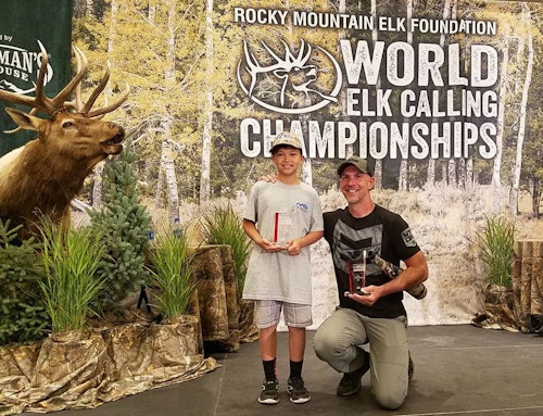 First-place winners Chris Fong (Peewee Division) and Corey Jacobsen (Professional Division) at the 2019 World Elk Calling Championships.