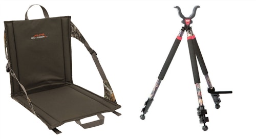 The author’s deadly duo: An ALPS OutdoorZ Backwoods stadium seat matched with a BOG CLD 3S Short Camo Shooting Tripod.