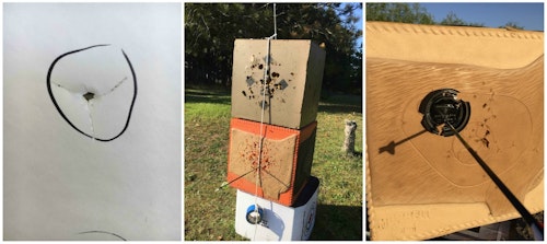 Bow tuning and sighting in is a three step process. First, you work to achieve perfect bullet holes through paper (left). Next, you move onto micro-tuning, which involves shooting at longer ranges with aid of string hanging perfectly vertical (center). Finally, set your bowsight pins for various distances; the author prefers aiming at a 4.5-inch-diameter top of a Big Gulp cup that’s been painted black (right).