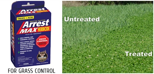 In addition to selling a wide variety of seed blends, some food plot companies also sell herbicides. For example, Whitetail Institute offers Arrest Max, a selective grass herbicide that will control most grasses without harming clover (photo above).