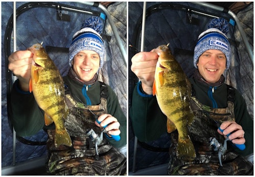 The left photo of the author is a bit blown out with harsh light coming into the ice fishing shelter from a side window. The author's son closed the side window, then opened a front window to achieve a much better pic.