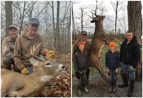 The author was sitting in a natural ground blind on public land in Wisconsin when his dad arrowed this 4x3 at a range of 13 yards. The rutting buck stopped facing the hunters, and a well-placed arrow at the base of the neck penetrated through one of the buck’s lungs, then the diaphragm and liver.