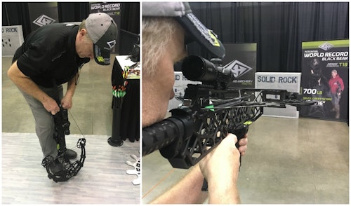 A representative for Gearhead demonstrates how easy it is to cock the 125-pound-draw X16 Target crossbow by hand if desired. Gearhead builds the only crossbow on the market where this is possible. The X16 Target still sends an arrow downrange at speeds up to 350 fps.