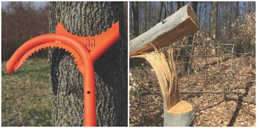 A Habitat Hook works well for pushing and pulling hinge cut trees.