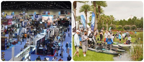 On the day before the ICAST show floor opens (left), visitors can attend the ICAST On the Water event (right), where exhibitors demonstrate their gear, tackle, watercraft and accessories. This event sits on five acres of water just outside the Orange County Convention Center (below).