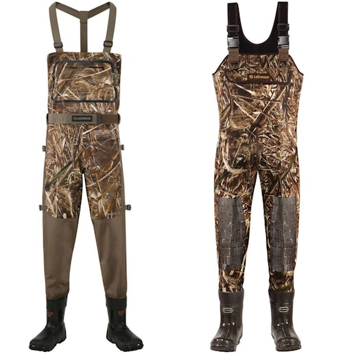 The author’s two-waders system for 2020 and 2021: LaCrosse Alpha Swampfox Drop Top breathable waders (left) and LaCrosse Super Brush Tuff 5mm neoprene waders (right).