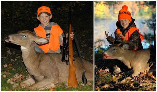 The author’s son Luke with his first-ever whitetail (left), a mature Wisconsin doe taken during the special youth-only weekend. Luke was 10 years old. A year later in Wisconsin, he shot a 4x4 buck.