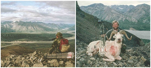 My first bow-killed Dall sheep ram, taken in 1991 in the Wrangells on a guided hunt with Terry Overly and guide Rick Alexander. Check out that high-tech archery setup. 