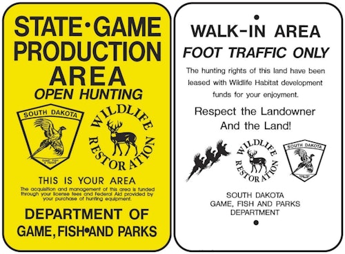 South Dakota has various designations for its huntable public and private lands. Two examples are Game Production Areas, which are owned by the state, and Walk-In Areas, which are private but leased by the state and free to hunt without asking landowner permission. 