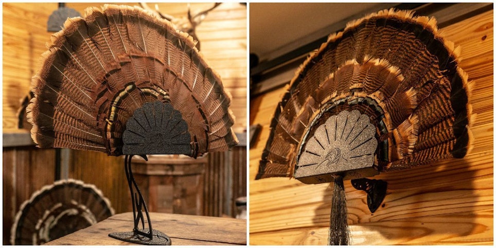 The Turkey Hooker can be used in a wall display (right), attached to a standard Table Hooker (left), or set directly on a desk or shelf.