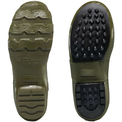 LaCrosse Burly boots are available with the chevron cleated sole (left) or Air Grip sole (right).
