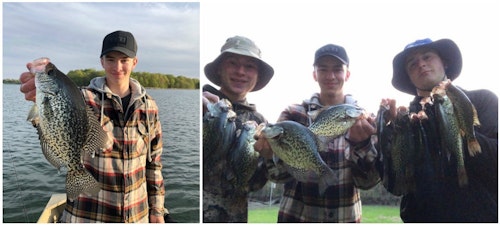 The author's son, left, experienced a good crappie bite with two of his buddies. While each angler could legally keep 10 crappies, or 30 total, the group kept only 15. These fish provided two meals for the anglers. The largest crappie caught measured 13.25 inches (left), and it was released. All fish kept measured 9 to 11.5 inches.