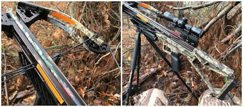 Look Mom, no hands! To ensure you’re ready when a whitetail suddenly appears, rest a crossbow’s buttstock on your knee and its cables on a tripod’s yoke.