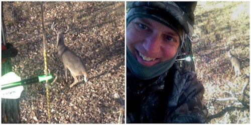 Bucks that sneak in to check out the Boss Babe as a doe usually hang around for a couple minutes and present multiple shooting opportunities. Here, a South Dakota 4x4 allows the author to snap a quick selfie with the buck in the background.