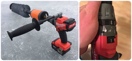 When the author first starting using his Milwaukee M18 Fuel drill with a 6-inch K-Drill auger bit, he could hold it securely thanks to the drill’s side handle. However, the mounting bracket on the drill’s housing broke (above right), making it impossible to use the side handle for support.