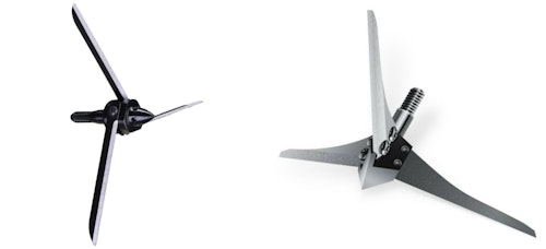 Two of the most popular broadheads for head/neck shots on wild turkeys are the Magnus Bullhead (left) and Solid Broadheads Turkey D-Cap (right).