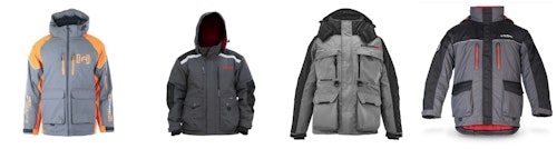 Left to right: Clam Ice Armor Rise Float Parka, Eskimo Roughneck Jacket, StrikerIce Hardwater Jacket and StrikeMaster Surface Jacket.