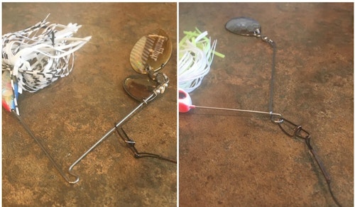 Using a snap or leader with an open-loop spinnerbait (left) doesn’t work well because it slides up the wire. A closed-loop spinnerbait (right) is ideal for snaps and leaders. 