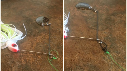 Fishing line can become looped under the wire of a closed-loop spinnerbait during a cast, causing a weak point in the line (left). For this reason, a snap or leader should always be used with closed-loop spinnerbaits (right). A snap also allows an angler to quickly change lures without having to re-tie.