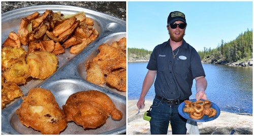 A topnotch shore lunch of fried walleye fillets, with a bonus appetizer of onion rings.