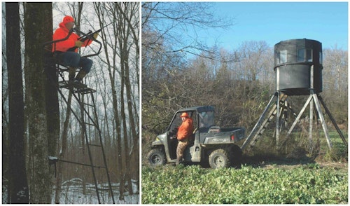 Left: In the north woods (Minnesota), treestands deliver your best odds for a shot. It won’t be a long one. Right: This Illinois tower stand commands a peninsula of cropland rimmed by woods. Whitetail Central!