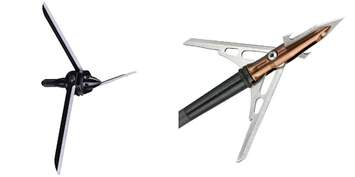The 125-grain Magnus Bullhead (left) is a fixed-blade broadhead with a cutting diameter of 3.75 inches; it’s designed for head/neck shots on turkeys. The 100-grain Rage X-Treme Turkey (right) is a mechanical with a cutting diameter of 2.125 inches.
