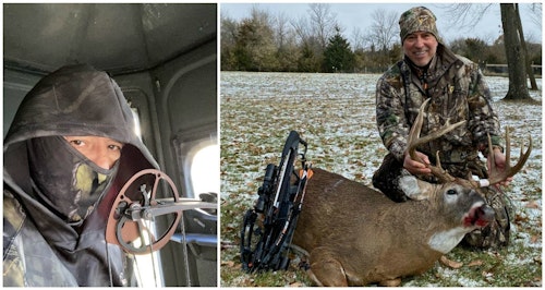 The author initially hoped to harvest a trophy buck in Iowa with his compound (left), but he finally closed the deal (after a painful injury) with a crossbow.