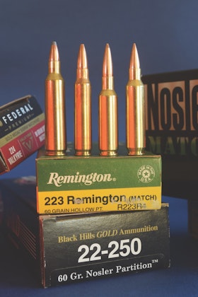 From left: .22-250 Rem., .223 Rem., .224 Valkyrie and .22 Nosler. The frisky .22-250 Rem. is a bolt-rifle round. The others fit AR-15s. The Valkyrie’s short body and generous neck welcome bullets of high ballistic coefficient.