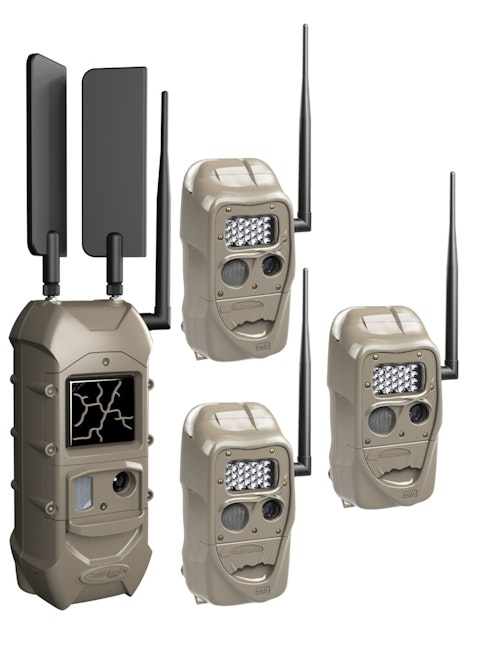 The Cuddeback Dual Cell Kit 3+1 includes two LTE high-gain antennas (shown far left on Dual Cell camera).