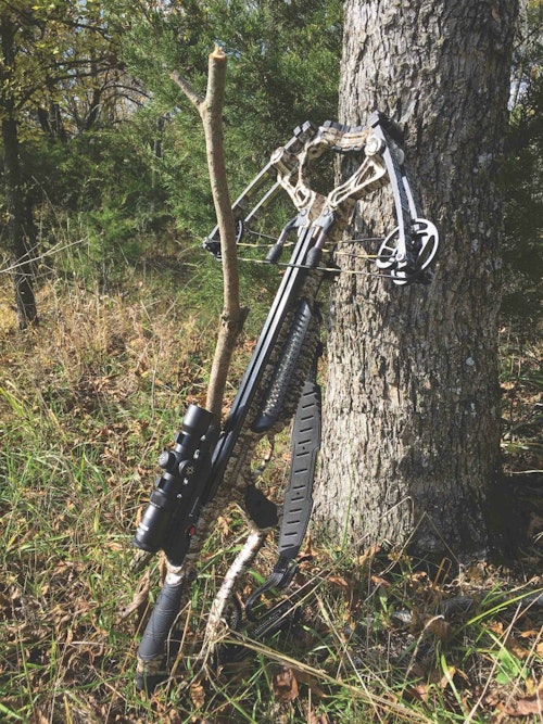 The author was impressed with the accuracy and especially the trigger on the Barnett Whitetail Pro STR. Shown here is the author's DIY shooting stick.