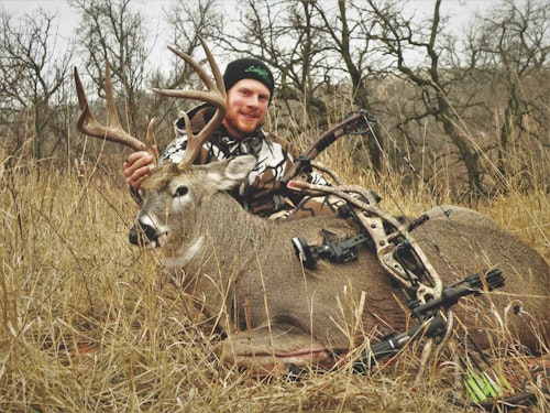 The author nailed this heavy-duty South Dakota 8-pointer as it pinched through a terrain funnel 27 yards from his treestand.