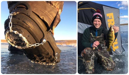The author (right) relies on Yaktrax Diamond Grip cleats (left) when a frozen pond or lake is clear of snow.