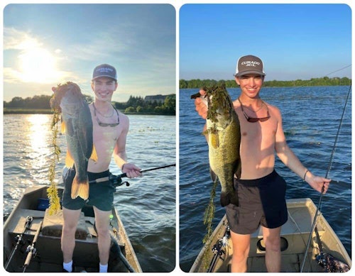 The author’s son Elliott with a couple of big Minnesota largemouths taken with the St. Croix Victory VTC74HF.