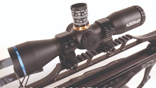 The Huskemaw Optics Crossfield 4x40 crossbow scope provides a bright image and features an adjustable illuminated center dot in both red and green.