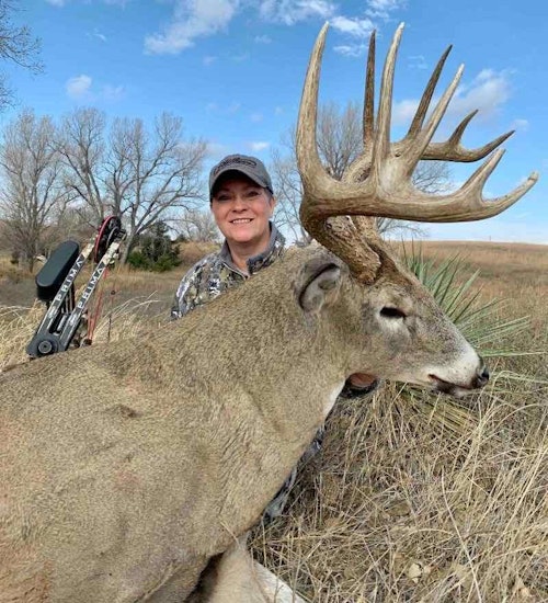 It’s a misconception that you need a highly powerful bow to deploy mechanical broadheads and achieve sufficient penetration. Janice Maxfield shoots a 50-pound bow with a 25-inch draw length, and she’s taken tons of big game with 2-inch Rage mechanicals. Penetration has never been a problem. (Photo courtesy of Joel and Janice Maxfield) 
