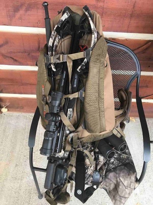 Find a dependable backpack system that will hold your crossbow during long hikes. This one is from Alps Outdoorz.