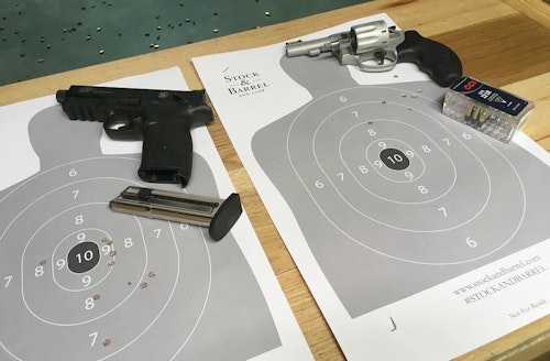 Before firing her own Glock 19 9mm semiauto, Claire spent time on the range with two handguns provided by instructor David Williams, a .22 rimfire semiauto and a .22 rimfire revolver.