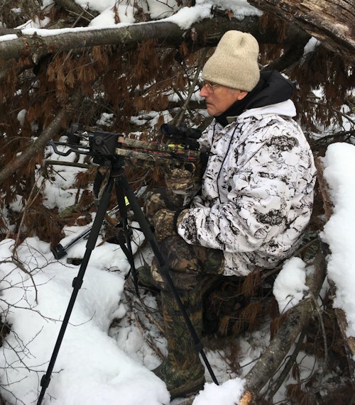 A sturdy tripod is the ideal way to rest a crossbow when hunting from the ground.