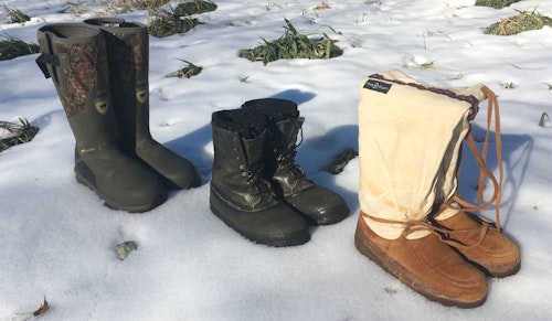 Warm, warmer and warmest, the author’s late-season boots from left to right: Irish Setter MudTrek 1200, LaCrosse Iceman, and Steger Mukluks. The MudTreks were added this fall to the author’s footwear selection. As evidence that it usually pays to purchase top-notch gear, the author’s Mukluks are 20 years old, and the Icemans are at least 30!
