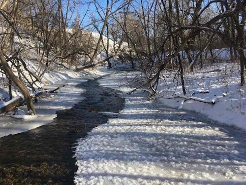 The author must cross this South Dakota creek to access many of his river-bottom treestands. He needs a rubber boot that will keep his feet dry but also warm in temperatures near or below zero degrees.