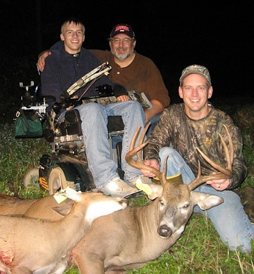 In mid-September, the author’s good friend Jake (back left) used his crossbow to arrow a yearling Wisconsin doe over a clover food plot, then tagged this tall-tined 4x4 an hour later near sunset.