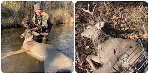 This 2023 South Dakota buck was killed with a 1.5-inch-diameter two-blade mechanical broadhead placed in the vital V from a bow drawing 45 pounds. The deer ran 40 yards and died very quickly in a creek.